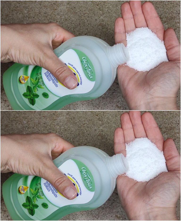 Смешайте средство для мытья посуды с солью. Результат потрясающий, не нарадуюсь