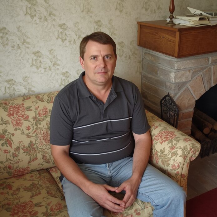 lucid-origin_Image_is_a_candid_photograph_featuring_a_middle-aged_man_seated_on_a_floral-patt-0