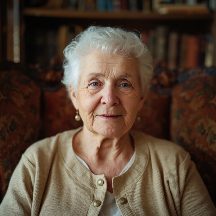 lucid-origin_Image_is_a_portrait-style_photograph_featuring_an_elderly_woman_seated_in_an_orn-0